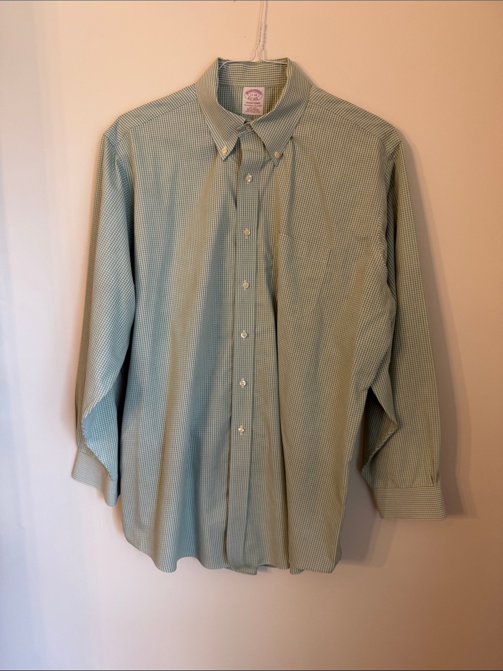Brooks Brothers Light Green Checked Button-Down Shirt size 17-34